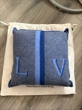 Louis Vuitton Blue Wool Accent Pillow with Letter Motif and Central Stripe
